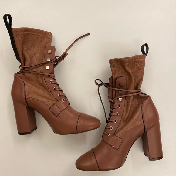 Stuart Weitzman || Veruka Leather Combat Sock Bootie Heeled Mauve Pink 9.5 - Picture 4 of 11